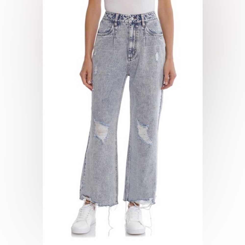 NWT Aves Les Filles Destructed Acid Wash Blue Grey Jeans Denim Wide Leg Pants 27